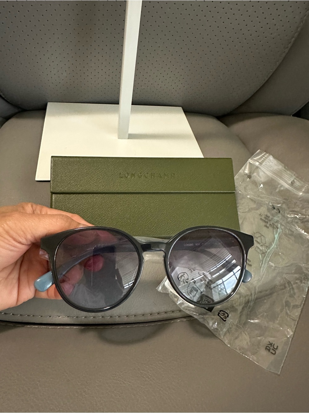 Longchamp Women’s Black Sunglasses with Light Blue Temple Tips, New with Case